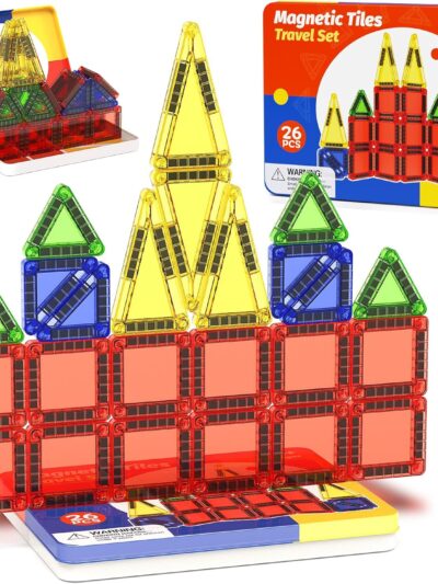 Magnetic Tiles Travel Toys with Storage Case, Portable STEM Building Blocks for 3-8 Year Olds, Toddler Airplane Activities & On-The-Go Birthday Gift for Boys & Girls